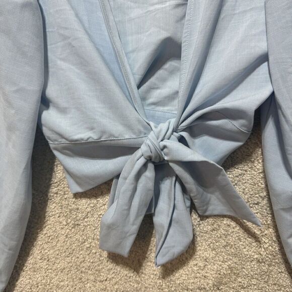 Superdown Victoria Top Women's Small‎ Blue Long Balloon Sleeve Crop Deep V Tie - Picture 7 of 13